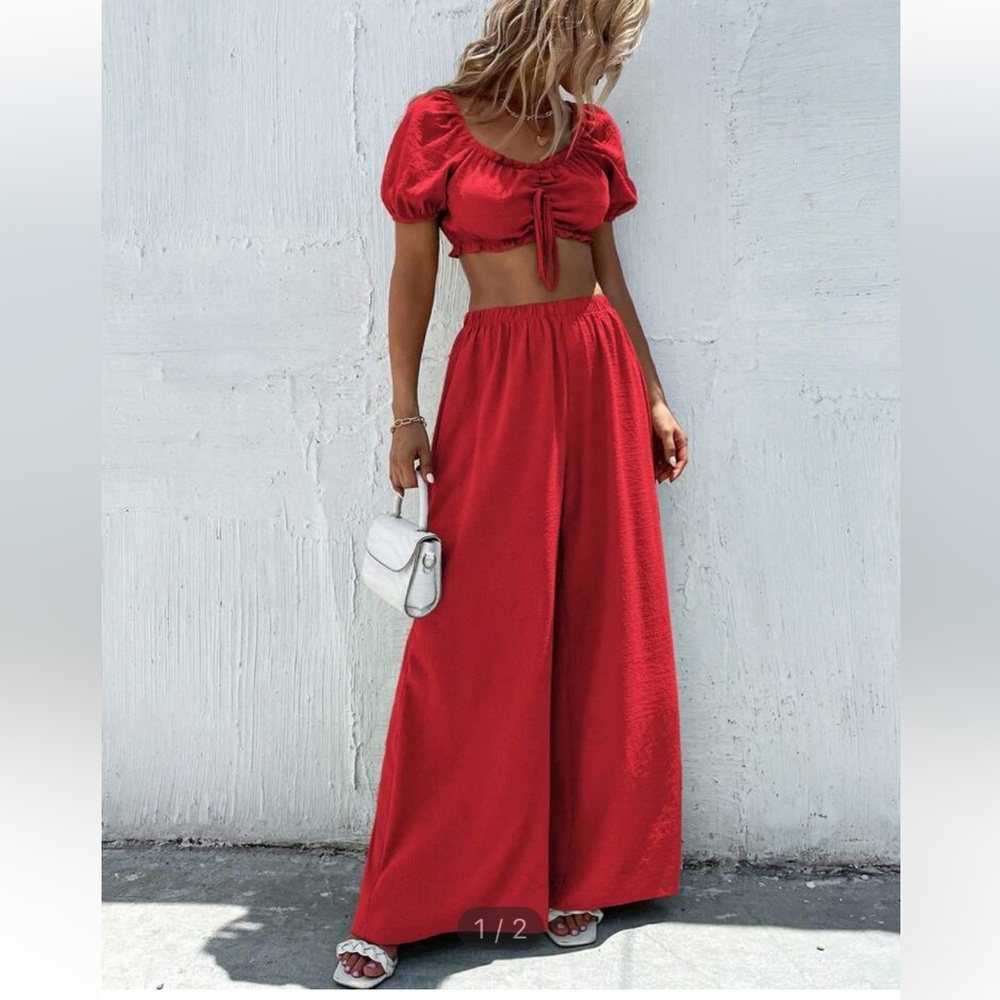 Elegant Red 2 piece Women's Wide-Leg Pant and Crop top set